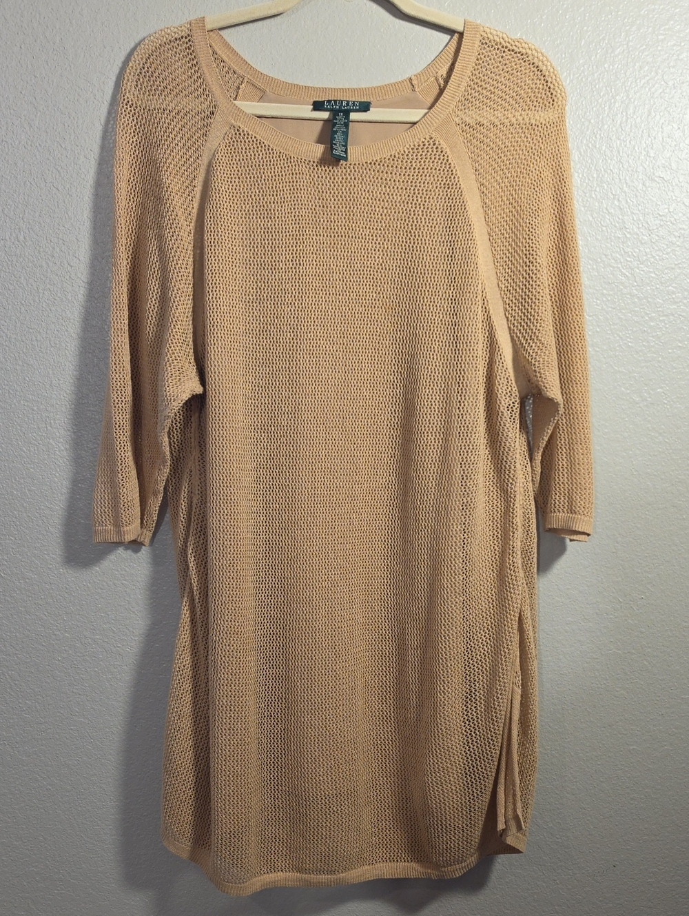 Lauren Ralph Lauren Light Beige Open-Knit Tunic Top, XL